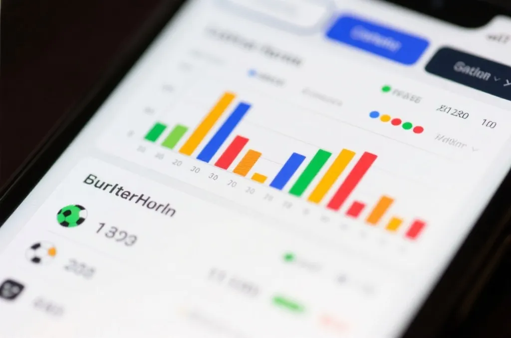 A close-up of a smartphone screen showing a generic sports statistics application with colorful bar charts and match timelines, clean and modern UI, no text or brand names